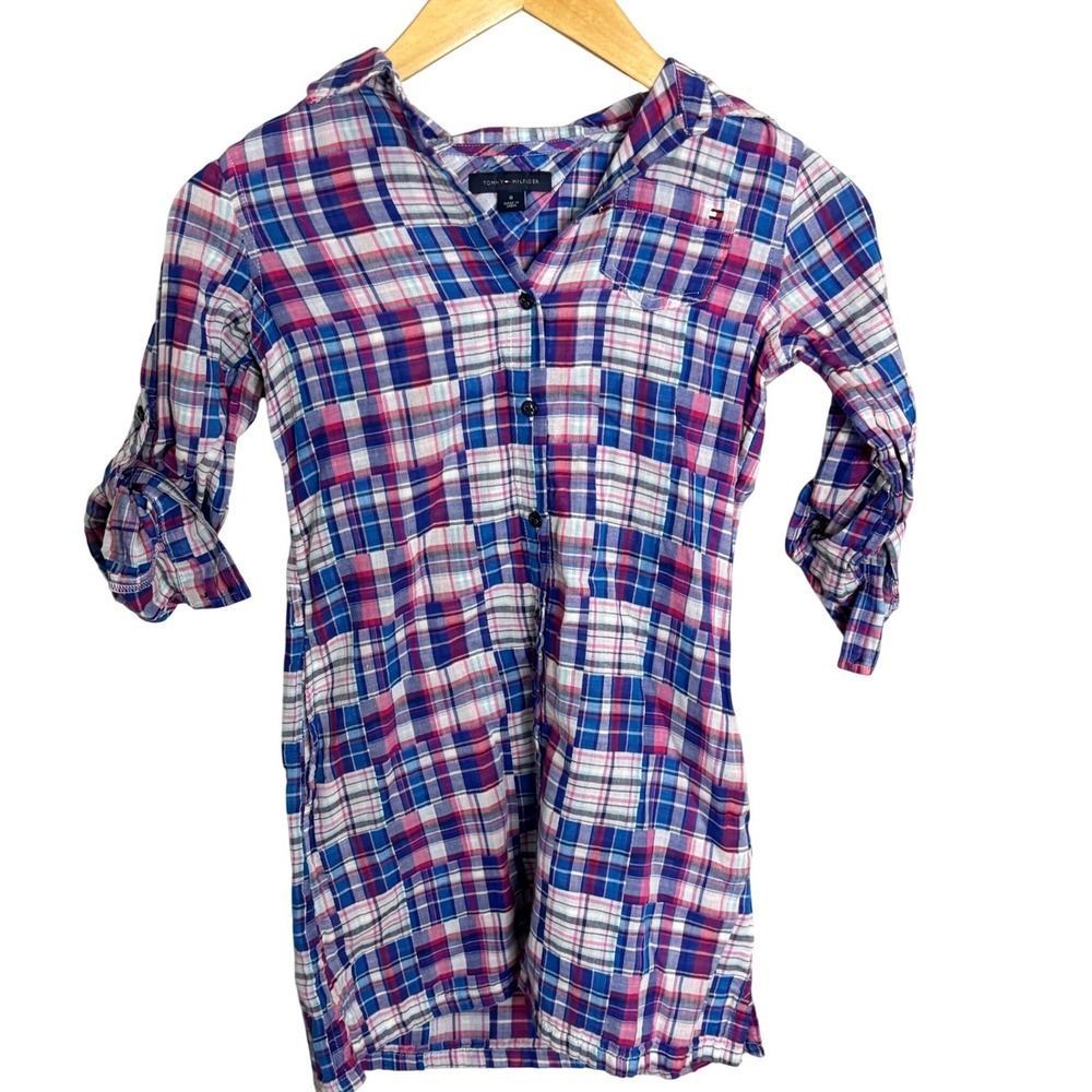 Tommy Hilfiger Plaid Shirt Girls Size‎ 8 Blue Pink Excellent Roll Tab Sleeve